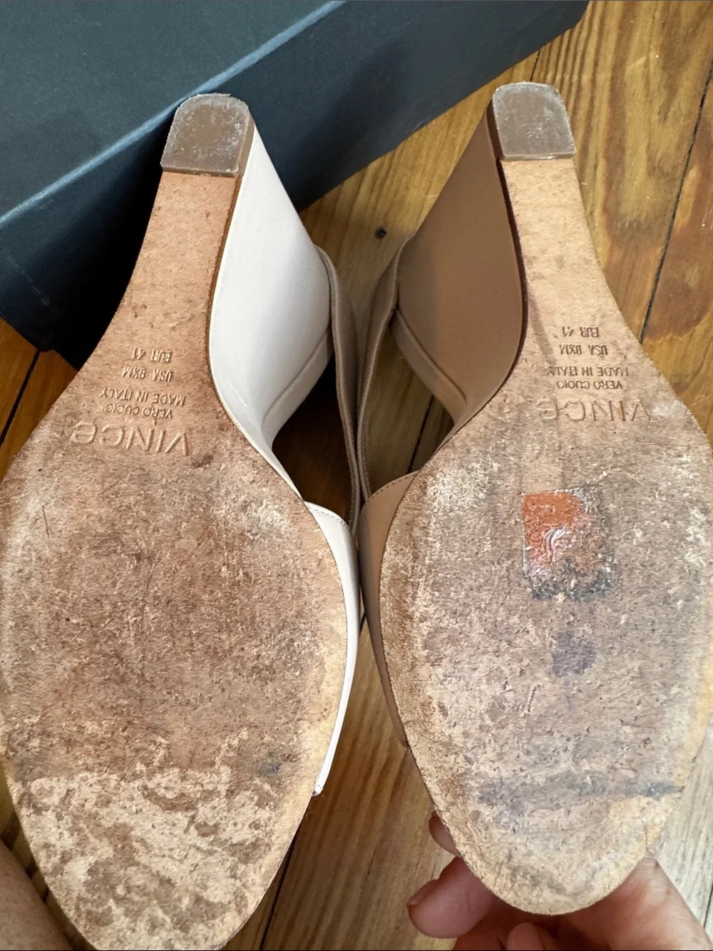 Vince Blush Tan Leather Open-Toe Wedge Mules